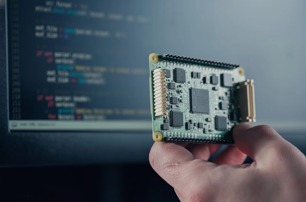 Hand holding a compact embedded system circuit board with microcontroller and components, with blurred firmware code visible on a monitor in the background.
