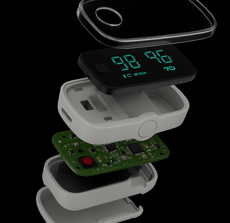 Exploded view of a small medical device showing the enclosure, display, and internal circuit board, illustrating PCB design and electronic manufacturing during prototyping.