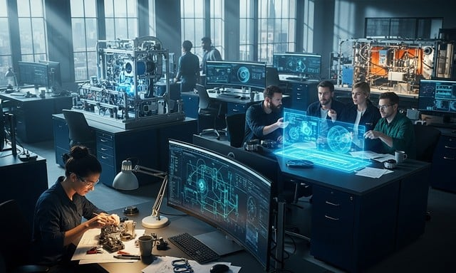 A modern engineering lab with professionals working on IoT prototyping, analyzing digital schematics on large screens, assembling hardware components, and collaborating on smart device designs.