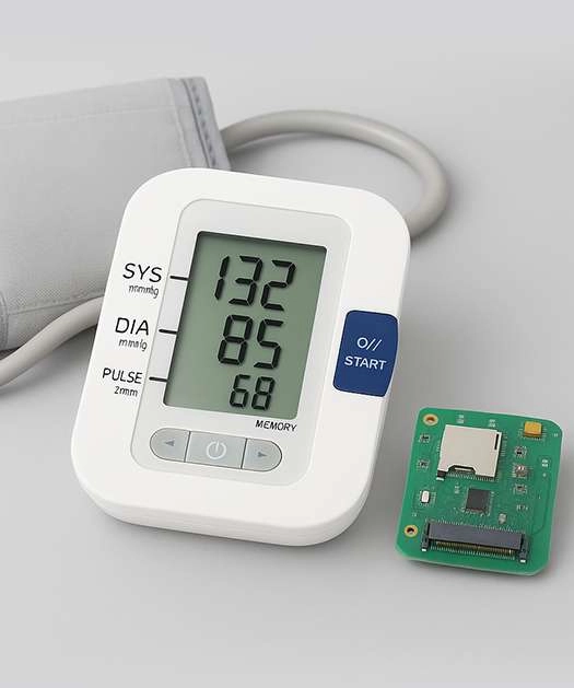 Digital blood pressure monitor showing readings next to a green PCB with memory card slot, highlighting PCB design and electronic manufacturing in medical device engineering