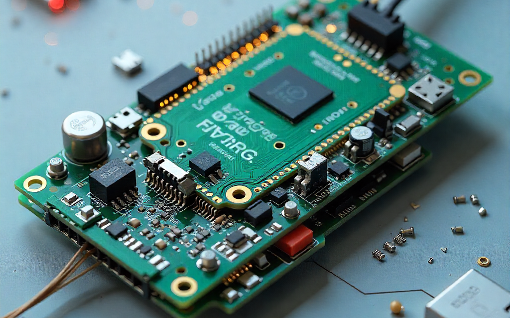 A detailed image of a green printed circuit board (PCB) with microchips, connectors, and components, showcasing precision engineering and innovation in modern electronics design.