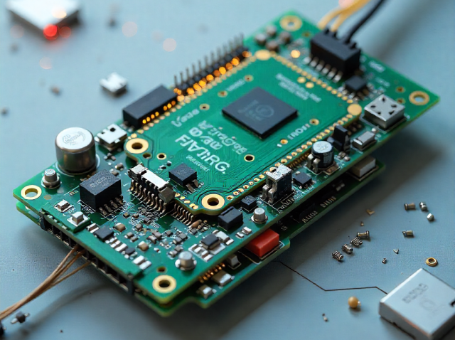 A detailed image of a green printed circuit board (PCB) with microchips, connectors, and components, showcasing precision engineering and innovation in modern electronics design.