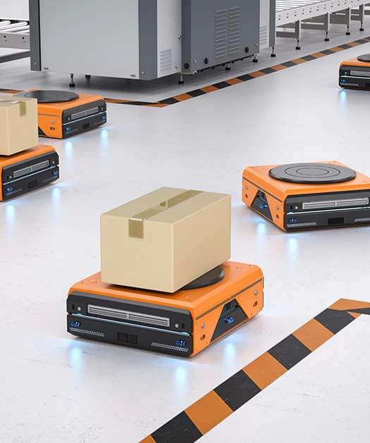 Autonomous mobile robots transporting packages in a smart manufacturing facility for industrial automation