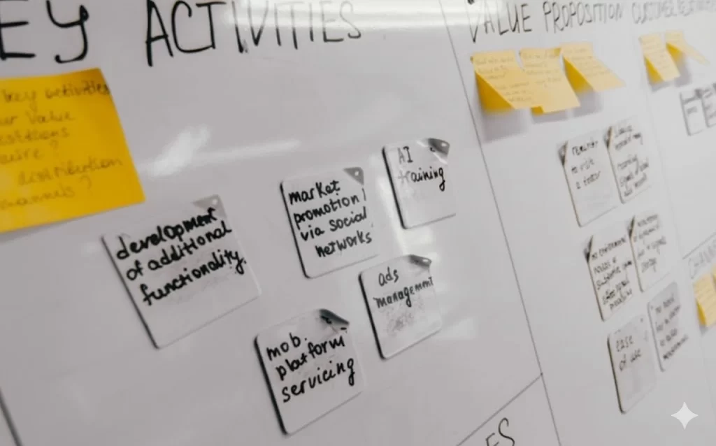 Whiteboard with sticky notes outlining project planning, key activities, and value proposition during a product development workflow.