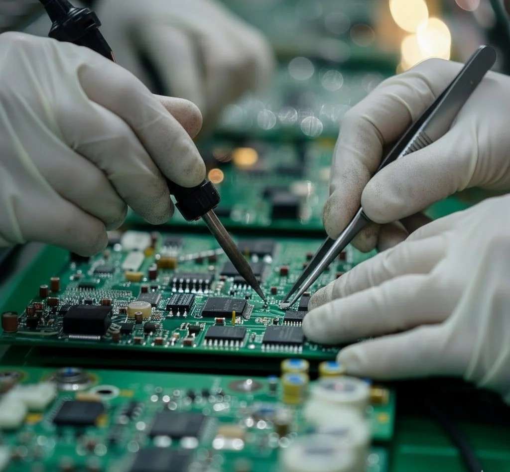 Technician performing precision soldering during PCB assembly