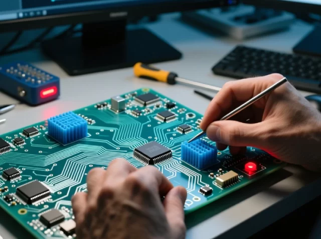 Engineer working on a printed circuit board with computers displaying PCB design, demonstrating turnkey manufacturing process