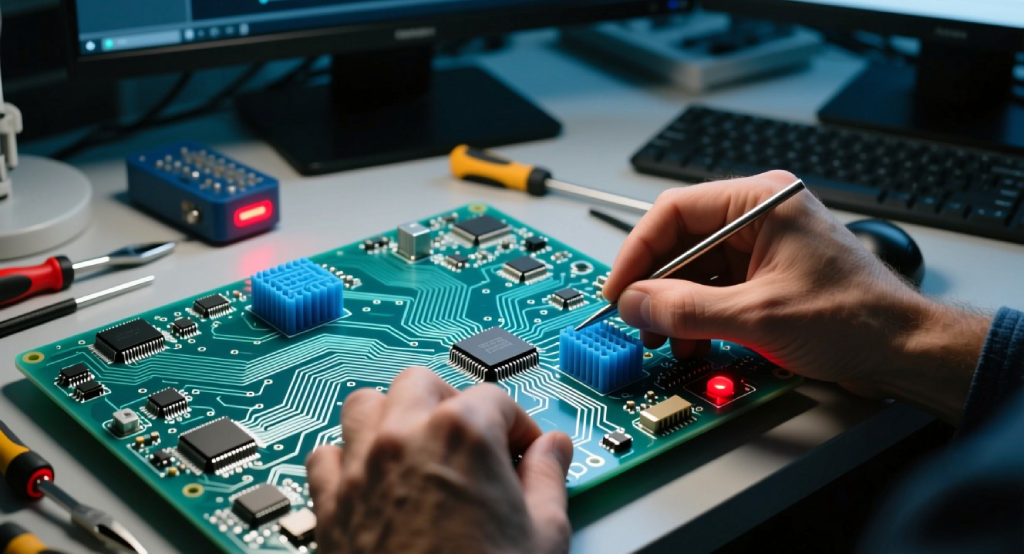 Engineer working on a printed circuit board with computers displaying PCB design, demonstrating turnkey manufacturing process