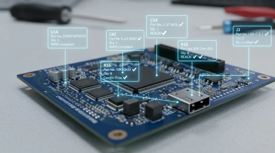 PCB showing component labels and part details for BOM (Bill of Materials) verification and compliance checking