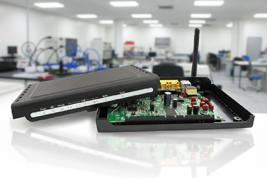 Compact electronic board placed inside a protective case showing connectors, chips, and components used in box build assembly.