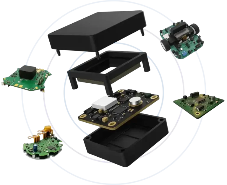 Exploded view of PCB assemblies and electronic components used in advanced electronics manufacturing and product design