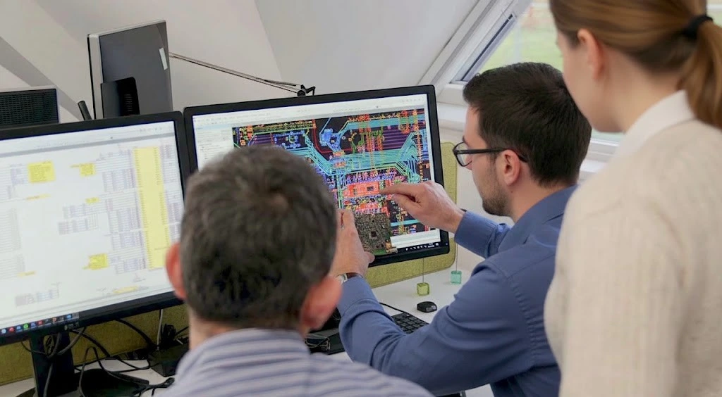 Engineers reviewing PCB layout and schematics during a hardware design consulting session