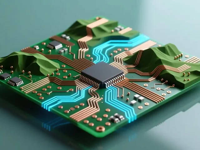 3D illustration of PCB tolerances showing precise copper traces, components, and routing accuracy on a printed circuit board