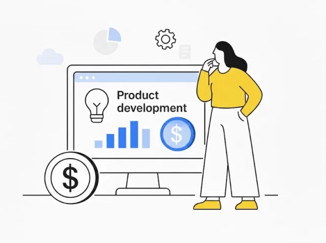 Illustration of a woman analyzing a screen showing product development growth and revenue icons