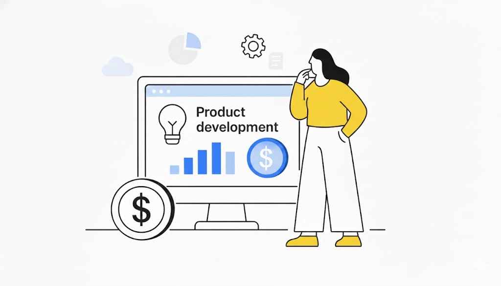 Illustration of a woman analyzing a screen showing product development growth and revenue icons