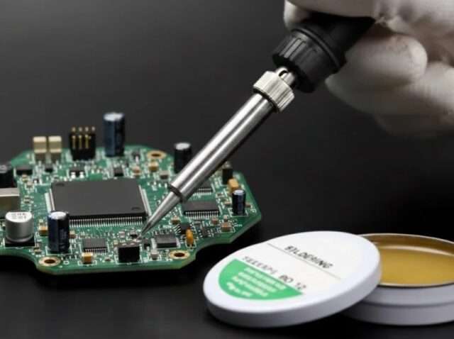 Technician using solder flux and soldering iron on electronic circuit board during PCB assembly.