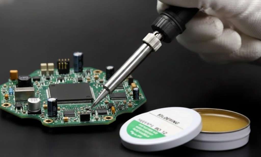 Technician using solder flux and soldering iron on electronic circuit board during PCB assembly.