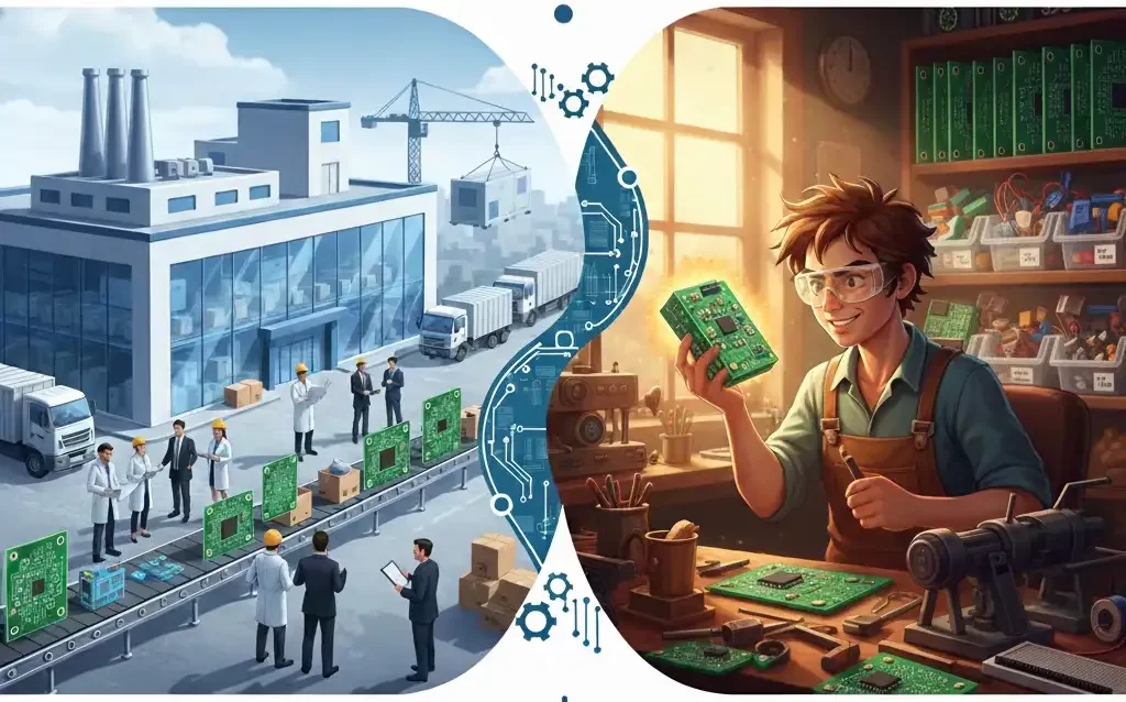 Contract Manufacturing vs In-House manufacturing process comparison showing factory workers, automated machines, production lines, and quality control operations.
