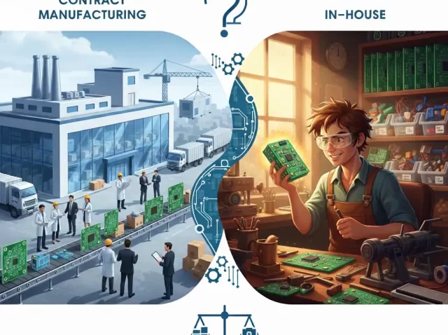 Contract Manufacturing vs In-House manufacturing process comparison showing factory workers, automated machines, production lines, and quality control operations.