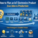 Futuristic visualization of IoT electronics showing connected devices, data flow, and digital communication networks