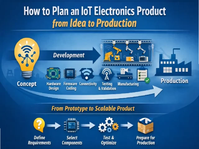 Futuristic visualization of IoT electronics showing connected devices, data flow, and digital communication networks