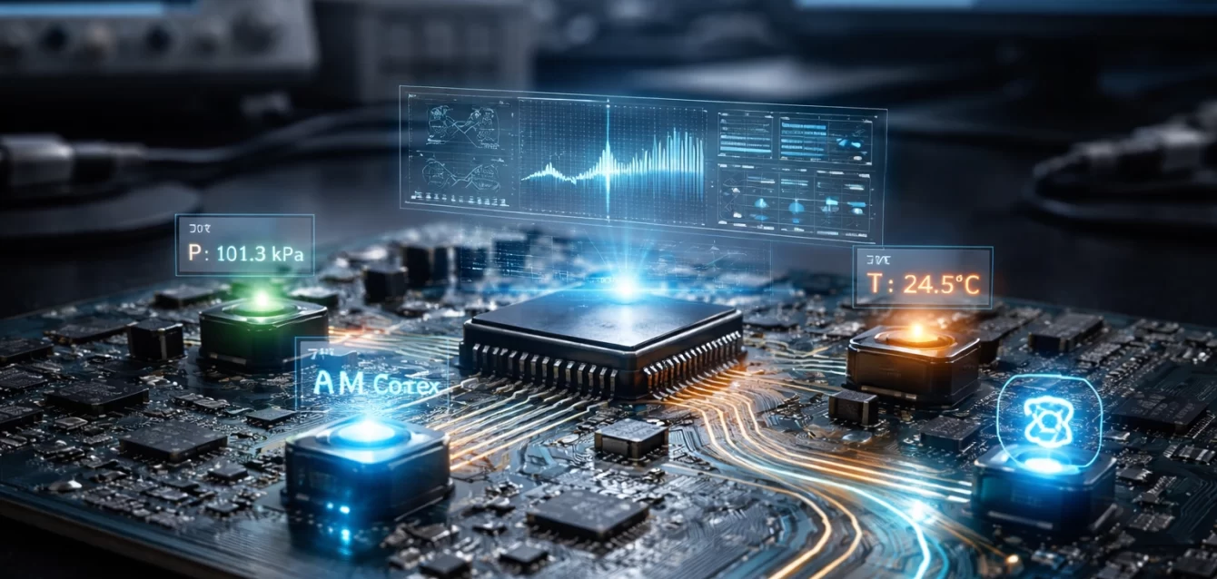 Smart sensors collecting real-time environmental data on a modern PCB with intelligent signal processing in an electronics engineering lab