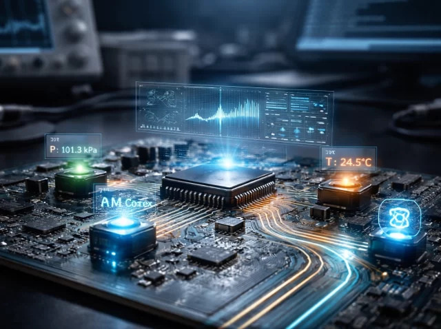 Smart sensors collecting real-time environmental data on a modern PCB with intelligent signal processing in an electronics engineering lab