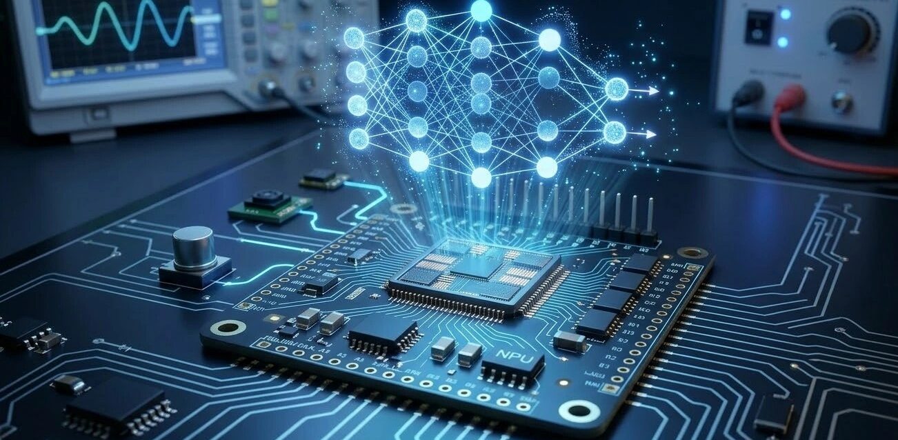 TinyML edge AI running on a microcontroller with neural network visualization showing machine learning inference on an embedded system