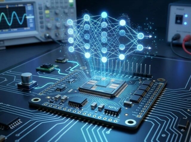 TinyML edge AI running on a microcontroller with neural network visualization showing machine learning inference on an embedded system