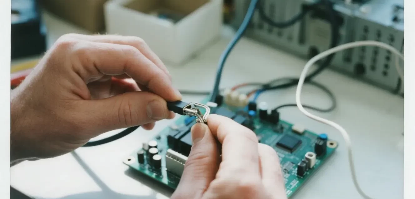 Technician performing PCB assembly with manual soldering and wire connection on electronic circuit board
