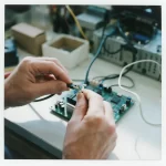 Technician performing PCB assembly with manual soldering and wire connection on electronic circuit board