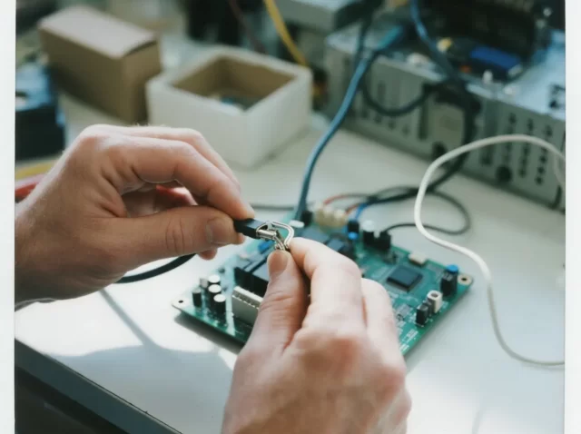 Technician performing PCB assembly with manual soldering and wire connection on electronic circuit board