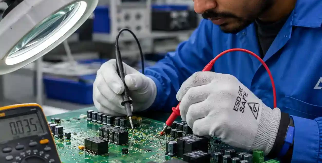 Engineer testing electronic components on a PCB using multimeter probes in an electronics manufacturing lab for PCB reliability and quality inspection.
