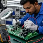 Engineer testing electronic components on a PCB using multimeter probes in an electronics manufacturing lab for PCB reliability and quality inspection.