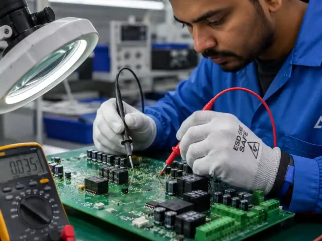 Engineer testing electronic components on a PCB using multimeter probes in an electronics manufacturing lab for PCB reliability and quality inspection.