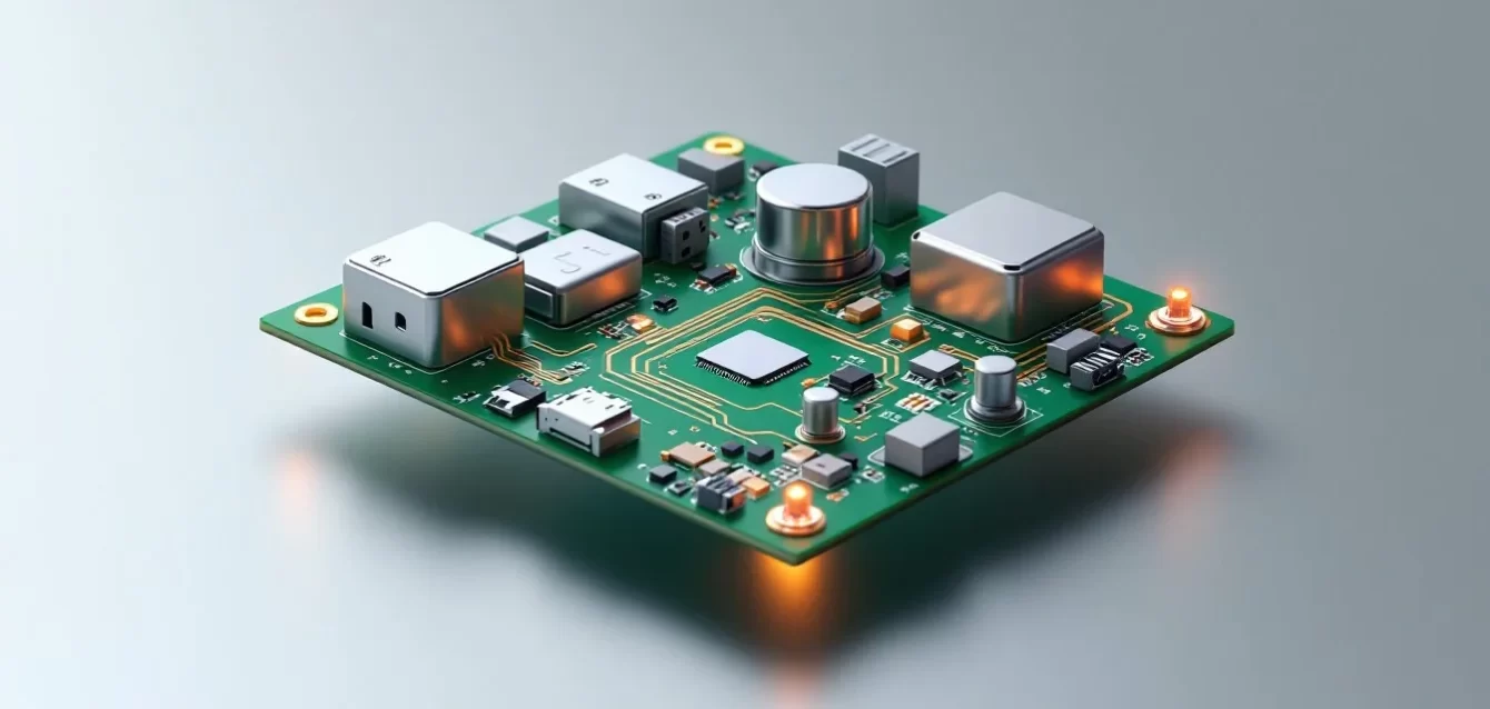High-quality PCB assembly with electronic components, microchips, and connectors on a green printed circuit board
