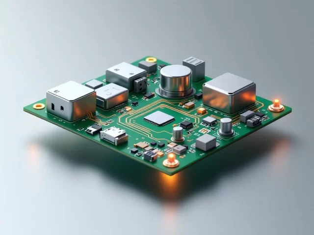 High-quality PCB assembly with electronic components, microchips, and connectors on a green printed circuit board