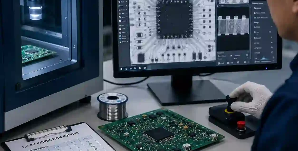 pcb-rework-xray-verification.webp PCB rework inspection process showing detailed verification of solder joints and electronic components.