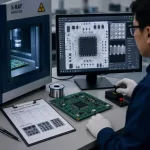 PCB rework inspection process showing detailed verification of solder joints and electronic components.