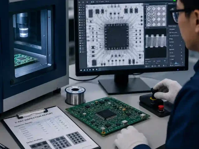 PCB rework inspection process showing detailed verification of solder joints and electronic components.
