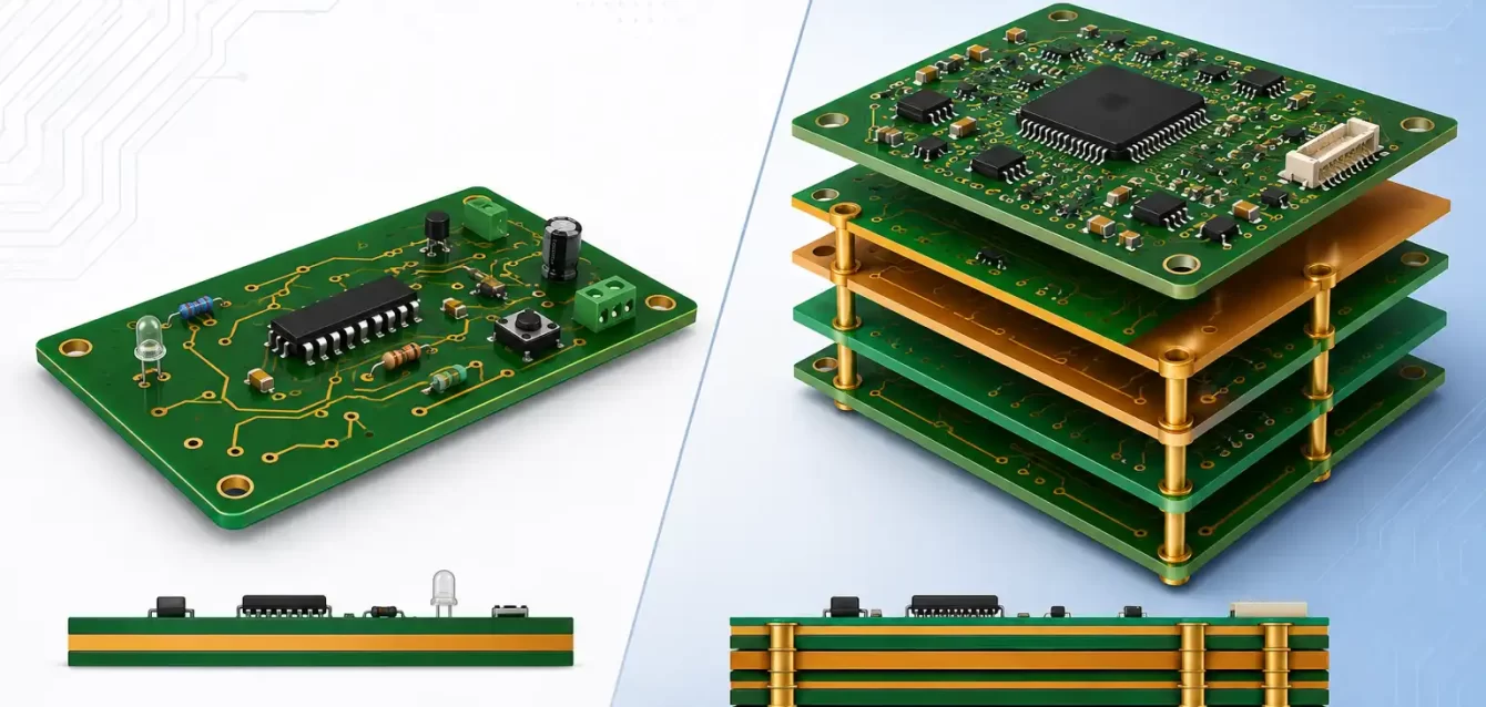 Multilayer vs Single-Layer PCB Comparison Comparison of a single-layer PCB and a multilayer PCB showing their structural differences, layer stack-up, routing complexity, and electronic component density.