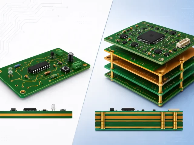 Comparison of a single-layer PCB and a multilayer PCB showing their structural differences, layer stack-up, routing complexity, and electronic component density.
